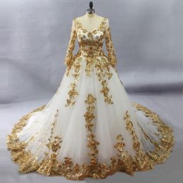 Splendidi abiti da sposa musulmani bianchi con appliques in pizzo dorato da sposa maniche lunghe abito da sposa Vietido de Noiva con colore 2648