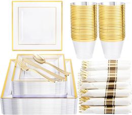 Disposable Dinnerware 175 Piece Clear Gold Plastic Set Includes Dinner Plates Salad Pre-rolled Napkins Cups 9 Oz.