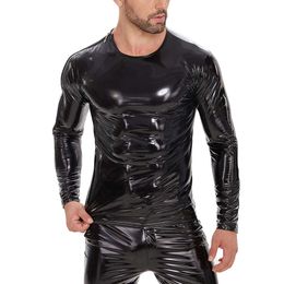 S-7XL Plus Size Shiny T-shirts Side Zipper Long Sleeve Wetlook PVC Leather Tops Males Crewneck Shaping Fashion Shirts Catsuit Costumes