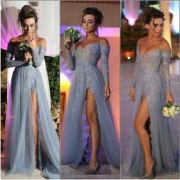2019 New Fashion Long Sleeves Dresses Party Evening Dresses A Line Off Shoulder High Slit Vintage Lace Grey Prom Dresses Long Chiffon F 243r