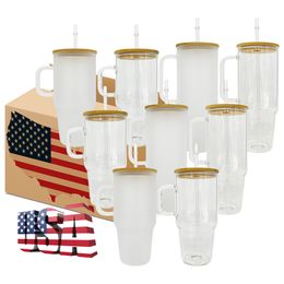 Wholesale 32oz 40oz blank sublimation crystal clear frosted borosilicate glass camper mugs quencher tumbler with bamboo lids and straws 12pcs/case