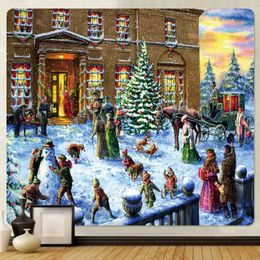 Tapestries Christmas Snow Scene Oil Painting Home Decoration Tapestry Hippie Bohemian Forest Wall Beach Towel