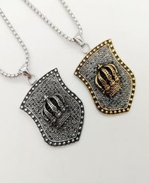 Men Stainless Steel Hip Hop Cook Punk Necklace Bling Full Crystals Vintage Crown Shield Pendant Jewelry Necklaces3707302