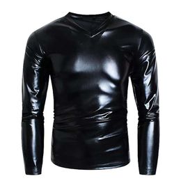 7XL Plus Size Mens Shiny Soft Long Sleeve Shirts V-neck Design Stretch Tops Male Leather Vest T-shirt Adjustable Sexi Catsuit Costumes