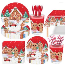 Disposable Dinnerware Christmas Tableware Set Cutlery Gingerbread Print Paper Plates Cups Napkins For Party Supplies