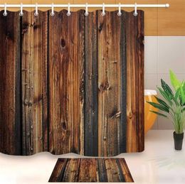 Rustic Wood Panel Brown Plank Fence Shower Curtain And Bath Mat Set Waterproof Polyester Bathroom Fabric For Bathtub Decor 2112238783108