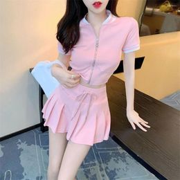 Party Dresses Spicy Girl Wears Two Piece Set Women's College Style Zipper Cardigan Top High Waist Pleated Half Skirt Summer Dress Women