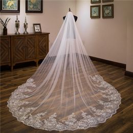 Real Image Bling Shiny Cathedral Train Bridal Veils Luxury Long Lace Applique Sequins Beaded Ivory Wedding Veils High Quailty Accessori 341R