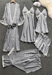 5 Pieces Pyjamas Set 2020 Women Satin Sleepwear Sexy Lace Pajamas Sleep Lounge Pijama Silk Night Home Clothing Pajama Sets 579 S26663406