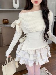 Work Dresses Cute Girls Two Pieces Sets Women Kawaii Off Shoulder Bow Sweater And Cake Skirt Slim Short Knitted White Top Mini 2