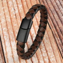 Charm Bracelets 2024 Simple Style Men Women Genuine Braided Leather Bracelet Jewelry Black Magnetic Clasps Gifts