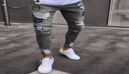 Men039s Badge Embroidery Jeans New Fashion Knee Hole Zipper Skinny Jeans Pants For Meen Size S to 3XL Male Denim Pants1183977