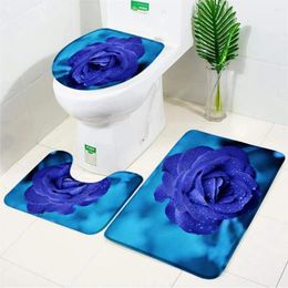 Bath Mats Blue Rose Bathroom Set Floral Pattern Non-slip Carpet Floor Mat Toilet Seat Super Soft Absorb Water