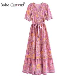 Party Dresses Boho Queens Women Lace-up Button Floral Print Beach Bohemian Maxi Dress Ladies Short Sleeve Summer Robe Vestidos