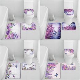 Bath Mats Purple Flowers Mat Set Wisteria Butterly Roses Plants Floral Home Carpet Bathroom Decor Non-slip Rug Toilet Lid Cover