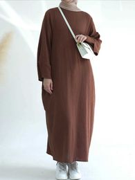 Ethnic Clothing Abaya Dubai Turkey Muslim 100% Crumpled Cotton Loose Long Dress Full Slves Women Islamic Clothing Hijabi Kaftan Ramadan Prayer T240510