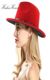 Unisex Flat Brim Wool Felt Fedora Hats with Belt Red Black Patchwork Jazz Formal Hat Panama Cap Trilby Chapeau for Men Women T20012605592