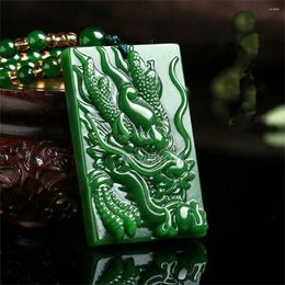 Pendant Necklaces Retro Green Jade Carved Chinese Square Dragon Head Lucky Amulets Necklace Vintage Handmade Stone Punk Jewellery Gift