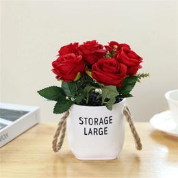 Decorative Flowers Artificial Potted Roses With Rope Wall Hanging Simulation Silk Cloth Rose Bundle Bonsai Desktop Home Garden Decoration