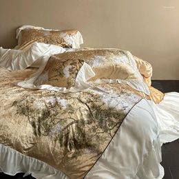 Bedding Sets Vintage Gold Velvet Jacquard Egyptian Cotton Patchwork Lace Ruffles Set Duvet Cover Bed Sheet Fitted Pillowcase