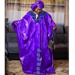Bright Purple African Bazin Dress With Stones Embroidery Guipure Dsahiki Nigerian Indian Women Wedding Traditional Basin Robe 240422