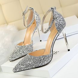 Shiny Stiletto Heel Sandals 7.5cm 9.5cm Party Sequin Pumps Women Spring and Autumn Ankle Strap Party Shoes Office Plus Size 35-46 Pointed Toe High-heeled