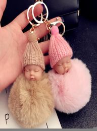 12 color Cute Sleeping Baby Doll Keychain Pompom Rabbit Fur Ball Key Chain Car Keyring Women Key Holder Bag Pendant Charm Accessor4053774