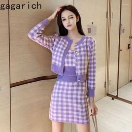 Work Dresses Gagarich Korean Elegant Fan Fashion Knitted Plaid Sweet Fresh Long Sleeve Sweater Jacket Hip Skirt Three Piece Set