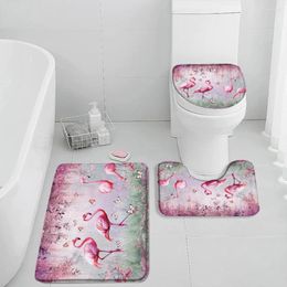 Bath Mats Flammingo Mat Set Tropical Leaves Pink Birds Purple Plants Elegant Aesthetic Flannel Bathroom Rug Toilet Lid Cover For