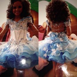 Lovely Organza Mini Glitz Girls' Pageant Dresses Off The Shoulder Beaded Rhinestones Cupcake Blue White Little Flower Girl Dresses 254Z