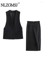 Work Dresses Nlzgmsj Y2K Black Women Waistcoat Midi Skirt 2 Piece Sets 2024 Autumn V Neck Sleeveless Long Top Female Vest Suits
