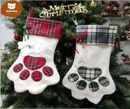 Christmas Stocking Monogrammed Pet Dog Paw Gift Bag Plaid Xmas Stockings Christmas Tree Ornaments Decorations Party Decor 2 Styles5864813