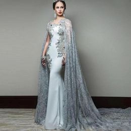 Arabic Mother Of The Bride Dresses With Jacket Lace Appliques Sequined Satin Lace Mermaid Evening Dresses Long Muslim robe de soiree 235d