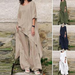 Women's Two Piece Pants Women Linen Lounge Set Cotton Two-piece Sets For Solid Colour Shirts With Pockets Wide Leg Trousers Summer
