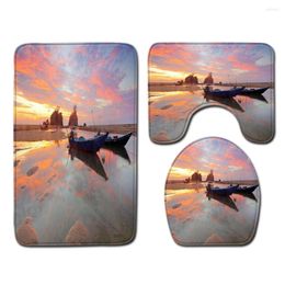 Bath Mats Sea View Sunset Bathroom 3-piece Set Boat Non-slip Carpet Toilet Mat Decor Super Absorb Water