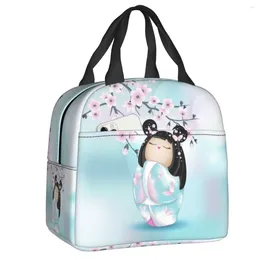 Storage Bags Kokeshi Doll Cherry Blossoms Insulated Lunch Bag Reusable Cooler Thermal Bento Box Women Food Container Tote