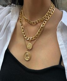 Punk Multi Layer Curb Cuban Chunky Thick Portrait Choker Necklace Women Vintage Carved Coin Pendant Necklace Jewelry5890867