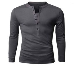 Whole Unique T shirt Men Single Breasted V Neck Long Sleeve Henley Shirt European Fashion Dark Grey Tee Shirt Men Tshirt XXL5766465
