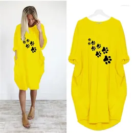 Casual Dresses Women T-shirt Dress 2024Loose Feet Printed Tops Long Sleeve Plus Size Autumn O-Neck Pocket Midi Yellow Robe Femme