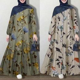 Ethnic Clothing Muslim Maxi Dresses For Women Cotton Printed Round Neck Button Bubble Long Sleeved Elastic Cuffs Fashion Loose Casual