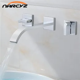 Bathroom Sink Faucets Double Handles Wall Mounted Solid Brass Basin Vessel Faucet Square Plate Spout Waterfall Bath Tub XR8220