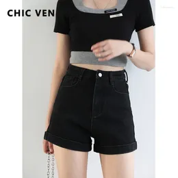 Women's Jeans Voiceofthunder Women's Denim Shorts Basic Vintage High Waist Cuffed A-line Short Pants For Women Solid Lady Woman 2024