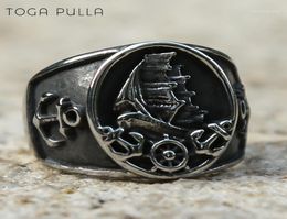 Cluster Rings Retro Nordic Viking Pirate Sailboat Punk Gothic Ring Men Women Stainless Steel Anchor Compass Biker Rock Jewelry12902243
