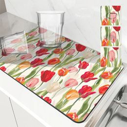 Table Mats Coffee Mat Plants Tulips Absorbent Draining Dish Drying Quick Dry Bathroom Tableware Hide Stain Rubber Backed