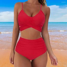 Women's Swimwear High Waist Solid Color Women Spaghetti Strap Bra Panties Bikini Set Swimsuit Two Piece For Beach