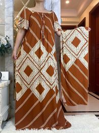 Ethnic Clothing New Style Short Slve Dress with Big Scarf African Dashiki Floral Printing Cotton Caftan Lady Summer Maxi Casual Dresses T240510