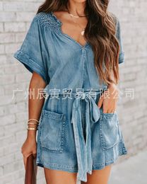 Jeans Stretch Jumpsuit V Neck Short Sleeve Solid Denim Casual Rompers Ladies Lace Up Playsuits Pockets 240508