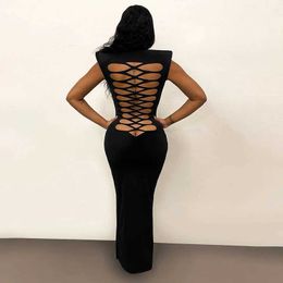 Urban Sexy Dresses CUTENOVA Women Black Noble Maxi Dress Stand Neck Slveless Shoulder Pad Long Dress Backless Hollow Out Sexy Evening Gown T240510