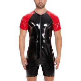 Males Shiny PVC Bodysuit Sexy Double Zipper Open Crotch Leotard Short Sleeve Men Wetlook Leather Erotic Shaping Jumpsuit Catsuit Costumes