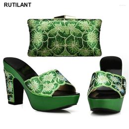 Dress Shoes Latest Green Color Matching And Bag Set In Heels Italian Ladies Decorated With Rhinestone Nigerian